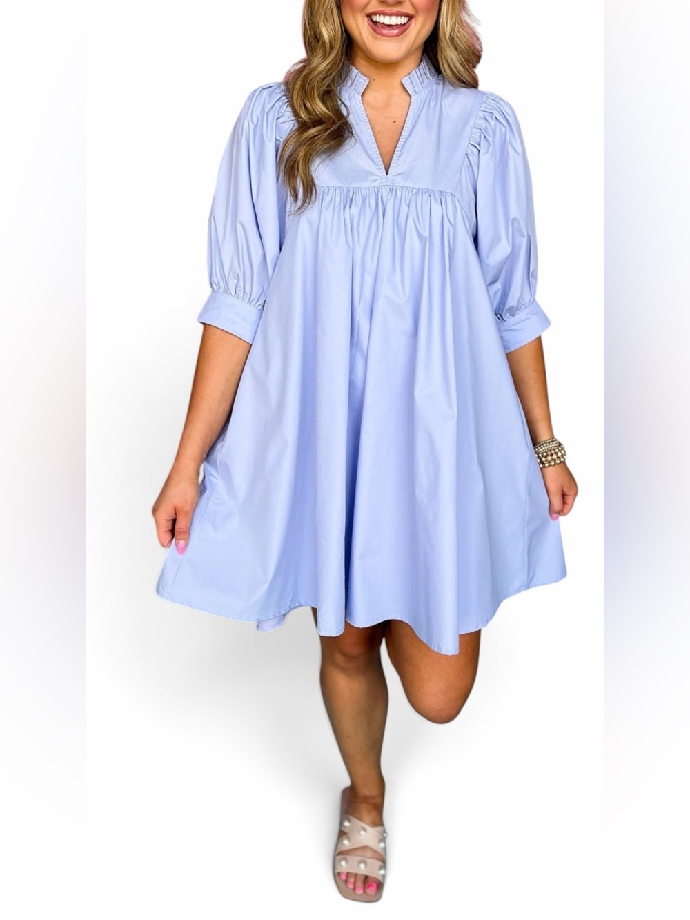 Entro – Frill Split Neck Babydoll Mini Dress – Light Blue – Sz. M